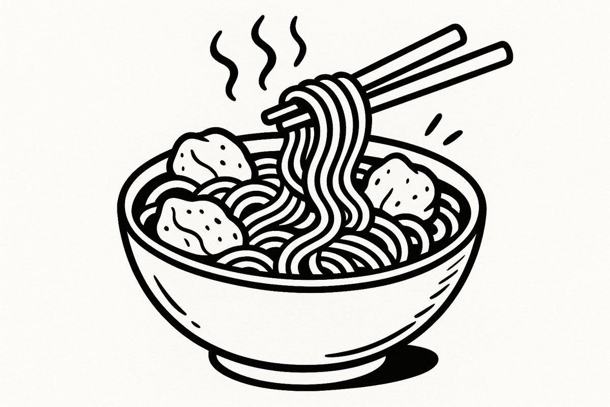 black and white cartoonish png noodles and chicken